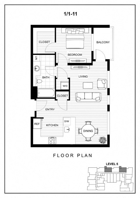Floor plan for 1 bed, 1 bath, 696 sqft